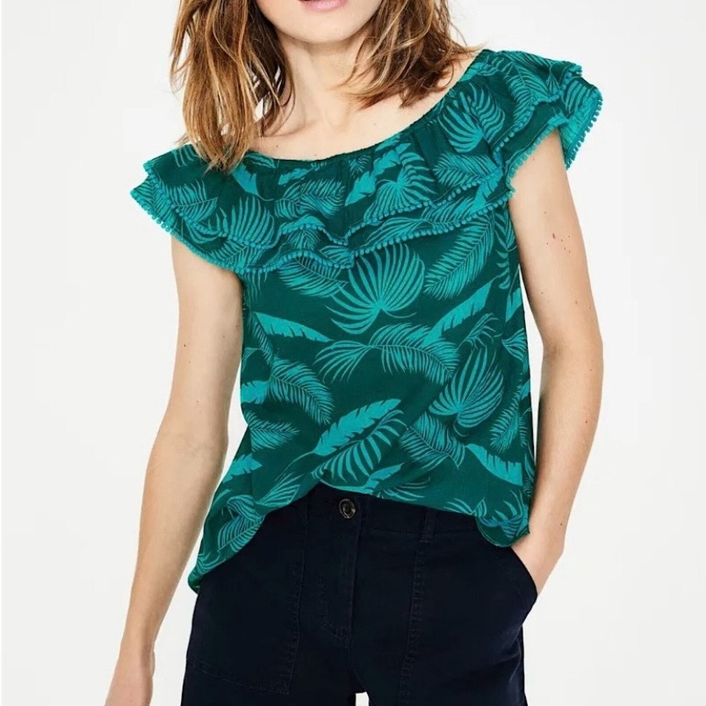 Boden Hettie Ruffle Off-Shoulder Jungle Palm Top in Teal Blue, Size 12, Tropical